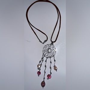 20inch Sunflower Dream Catcher necklace with leather chain Handmade pink beads